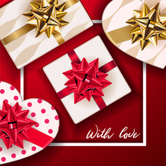 With love greeting card. Happy Valentine's Day Background . Gift boxes in heart shape on red love background. Vector illustration.