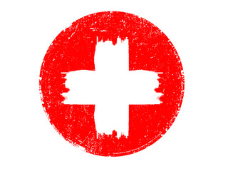 Grunge cross in red circle. Medical, hospital sign . Swiss flag symbol . Vector