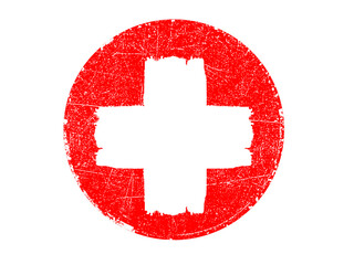 Grunge cross in red circle. Medical, hospital sign . Swiss flag symbol . Vector