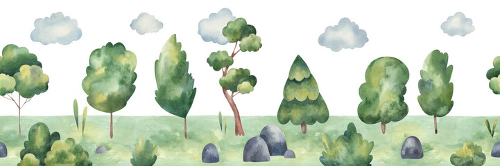 motif de bordure avec des arbres, des buissons et des nuages, illustration aquarelle de conception enfantine