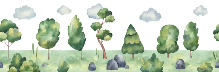 Cercles muraux Chambre de bébé motif de bordure avec des arbres, des buissons et des nuages, illustration aquarelle de conception enfantine