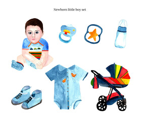 Newborn boy set with carriage isolated on white background.