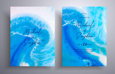 Beautiful set of wedding invitations with stone texture. Agate vector cards with marble effect and swirling paints, blue and white colors. Designed for greeting cards, packaging and etc - 359662639
