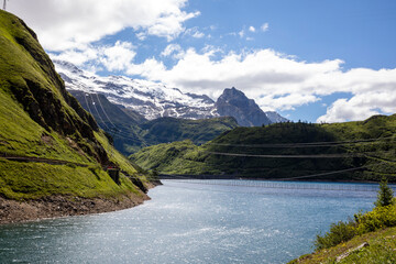 Morasco Lake (VCO), Italy - June 21, 2020: The landscape and Morasco Lake, Morasco Lake, Formazza Valley, Ossola Valley, VCO, Piedmont, Italy