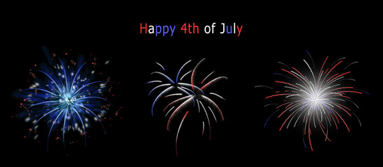 3 kinds of fireworks in red, white and blue the color of America flag. A concept of independence day.