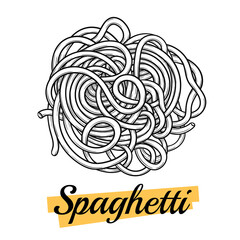 Spaghetti pasta or Oriental noodles. Traditional Italian or ramen. Hand-drawn style of engraving, ink, outline. Vector illustration isolated on white.