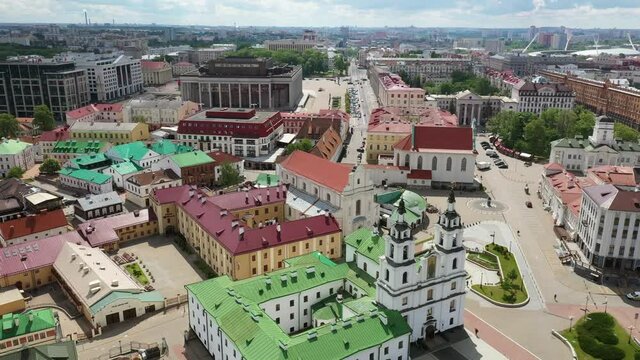 Minsk city landscape in the summer, Belarus. Aerial view of Nemiga. View of the Traetskae Pradmestse (Trinity Suburb) and the Upper city of Minsk.
