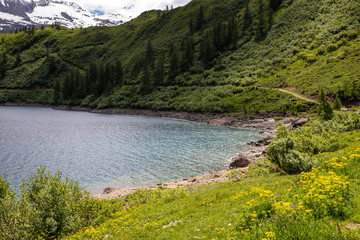 Morasco Lake (VCO), Italy - June 21, 2020: The landscape and Morasco Lake, Morasco Lake, Formazza Valley, Ossola Valley, VCO, Piedmont, Italy