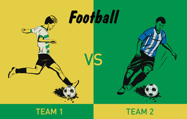 Soccer or football ball on grunge background with silhouettes of players. Football background banner.