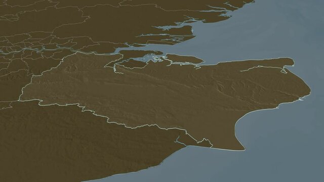 Kent, administrative county with its capital, zoomed and extruded on the administrative map of England in the conformal Stereographic projection. Animation 3D