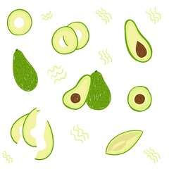 Avocado seamless pattern. Whole avocado, half, cut, sliced avocado with seed isolated on white background for design, fabric, textile, wrapping paper