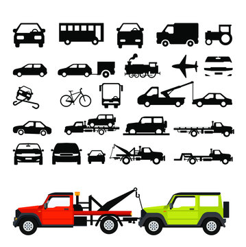 Transport icons car, plane, horse, Car Towing Truck