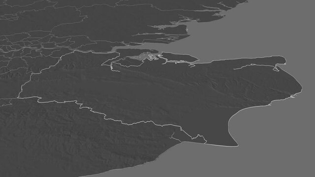 Kent, administrative county with its capital, zoomed and extruded on the bilevel map of England in the conformal Stereographic projection. Animation 3D