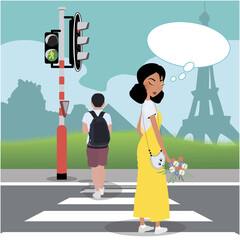 vector illustration, plot in Paris girl with a guy cross the road