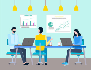 Man and woman workers discussing work, employees using laptop on workplace. Company business idea, growth statistic on graph report, leadership vector