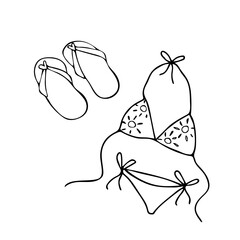 A set of a beach set of two elements - a swimsuit and beach slippers. Vector illustration in doodle style for design design of cards, invitations, website, flyers