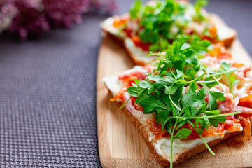 Baked hot sandwiches on white bread with fried vegetables in tomato sauce, Servelat straws, melted cheese and green watercress on a wooden Board