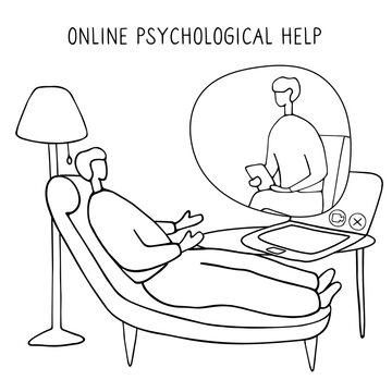 Man at the psychologist online session. Doctor consultation by phone. Video call to psychiatrist. Online psychological therapy. Hand drawn vector graphic