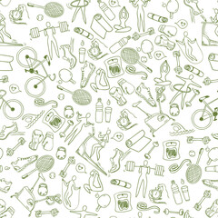 Fitness doodle hand drawn pattern. Seamless vector background - 359666442