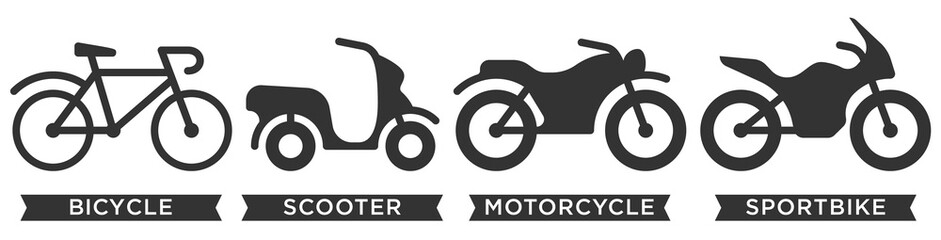 Bike icons - bicycle, scooter (moped), classic motorcycle and sportbike.