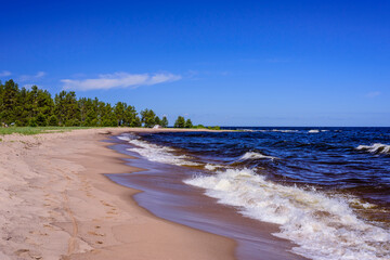 Ladoga lake. Picturesque sandy beach on lake Ladoga near Priozersk town, Leningrad region, Russia