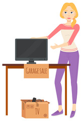 Woman selling goods, garage sale, tv plasma on table and remote in cardboard box. Seller retail unnecessary objects, electronic symbol, advertising vector