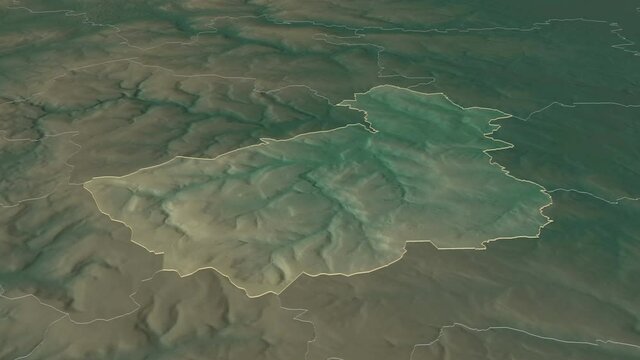 Kirklees, administrative county with its capital, zoomed and extruded on the relief map of England in the conformal Stereographic projection. Animation 3D