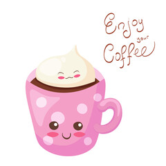 Hand drawn vector illustration with cute smiling coffee cup character. Kawaii food & drink design concept. Kids menu, post card decoration. Cartoon funny & happy mascot isolated on white background.