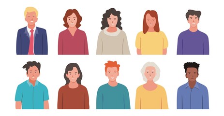 Bright people portraits set - hand drawn flat style vector design concept 
illustration of young men and women, male and female faces 
and shoulders avatars. Flat style vector icons set