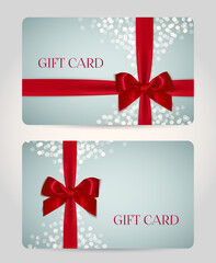 Gift card or certificate, Voucher, Coupon template with red realistic bow (ribbons) and festive light bokeh. Background design for invitation, check (cheque), greeting card. Vector illustration