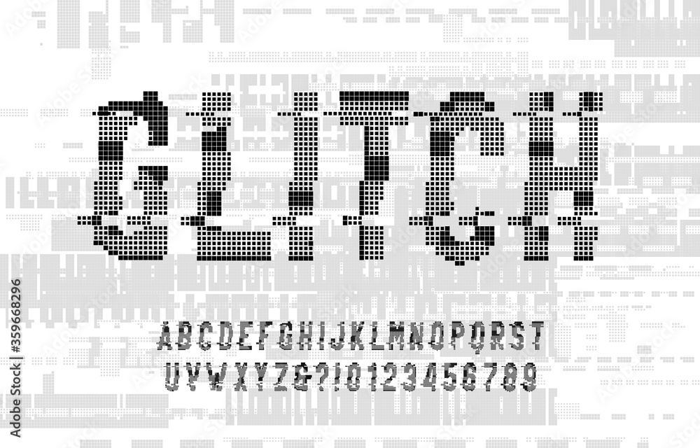Fototapete glitch alphabet font. digital distorted pixel letters and numbers. glitch background. 80s computer t