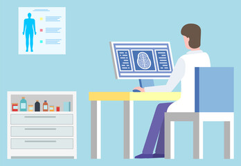 Doctor in laboratory working on scan diagnostics vector, man wearing white coat in hospital. Clinic and medical care, board with human body and cabinet