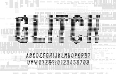 Glitch alphabet font. Digital distorted pixel letters and numbers. Glitch background. 80s computer typescript.