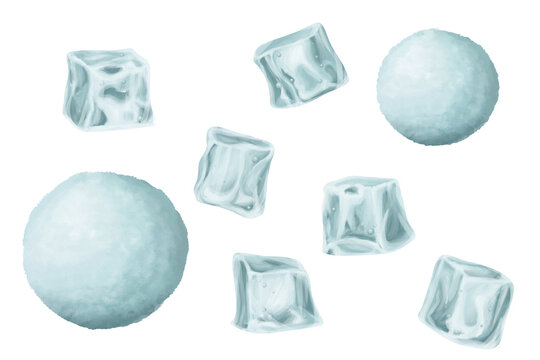 Winter light blue ice cubes and snow balls. Clip art set on white background