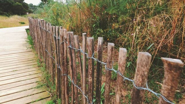 Scenic path to the beach. Close-up of a wooden fence. Sunny summer day. Picturesque road. Vacation at the sea. The path among the bushes and reeds.