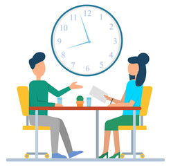 Colleagues discussing working issues in office, sitting at desk. Big clock hanging on wall. Time management concept, business organization vector