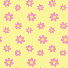 Seamless pattern with pink flowers on yellow background. Colorful design for textile, wallpaper, fabric, decor. Beautiful print for textile, greeting cards, wrapping paper and design. Jpg file