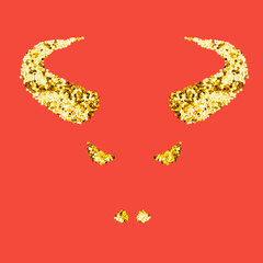 Horns, eyes and nostrils of bull from golden sparkles on red background. Minimalism, flat lay, top view, copyspace. New Year concept 2021. Creative image of bull, symbol of the year for banners, cards