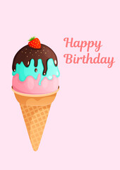 Greeting card birthday and another holiday on a pink background. A4 format greeting card template. Vector illustration text can be added, changed. Ice cream for a greeting card, menu, advertisement.