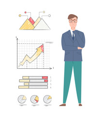 Thinking man character, set of chart, diagram and lines, drawing graphs report in flat style, full length portrait view of man presenting report vector
