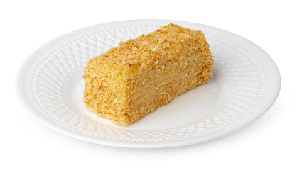 Piece of honey cake isolated on white