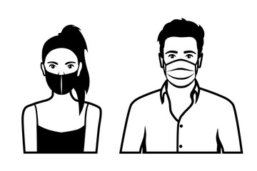 Front view outline vector set of black and white icons of a man and a woman wearing protective face mask - covid-19 safety measures, restriction, covering face to prevent spread of the virus