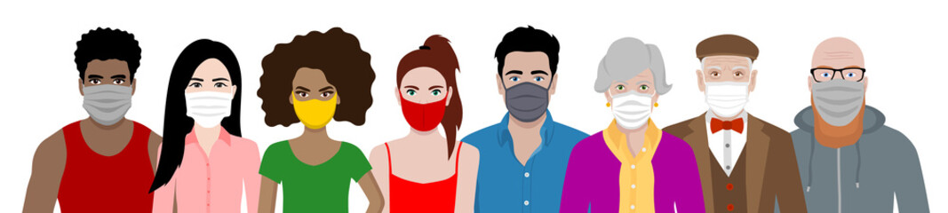 Front view vector set of different cartoon people wearing protective face mask - covid-19 safety measures, restriction, covering face to prevent spread of the virus.