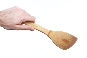 man hand holding kitchen utensil on white background
