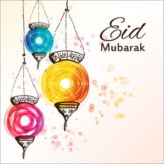 Eid Mubarak background. Eid Mubarak - traditional Muslim greeting. Festive shiny  arabic lamps. Greeting card or invitation for Moslem Community events. Vector illustration - 359670254