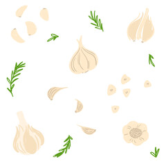 Garlic pattern. Whole garlic, garlic cloves, chopped garlic, rosemary Vector illustration set. Drawing set for design