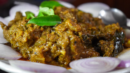 South Indian cuisine Kerala Style Beef fry / roast. Traditional style meat roast. Garnished with onion slices and curry leaves. Selective focus photograph.