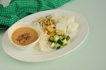 Ketoprak, vegetarian Indonesian food from Indonesia. consists of tofu, cucumber, rice cake, rice vermicelli and mung bean sprouts served with peanut sauce, soy sauce and fried shallot