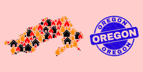 Fire disaster and property collage Arunachal Pradesh State map and Oregon unclean stamp imitation. Vector collage Arunachal Pradesh State map is done from random burning houses.