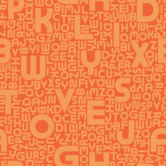 Orange seamless vector alphabet pattern with latin letters. Bright fashion unusual repeatable background. Vibrant mosaic design. Good idea for wrapping paper, textile cover, wallpaper and ect